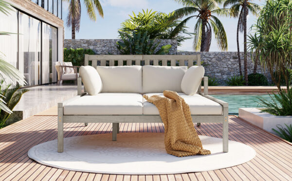 TREXM Outdoor Daybed, Patio Daybed with Four Pillows, Wooden Outdoor Bed with Curved Armrests for Poolside, Backyard, Garden (Gray+Beige Cushion)