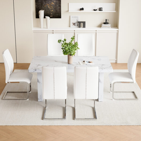64ca39726ac442a3b46e0b63fc701ea6_55adba501e770e2cdd5e2ea5955c6fd1 Table and chair set.63"*35.4" White Imitation Marble Pattern MDF Dining Table Set - 6 Soft and Comfortable White PU Chair With Arched Metal Silver Leg.Create Your Exclusive Low-Key Luxury Space.