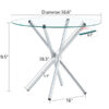 Round clear glass dining table with a unique shape for 4-6 people, with ring-shaped gathered silver metal legs, suitable for desks, kitchens, terraces, dining rooms.