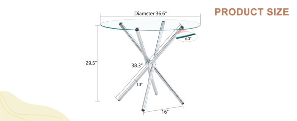 64d411454a5448058e945fb31c185908_65ca22a6600f9c53e6a5b5dda76d3136 Round clear glass dining table with a unique shape for 4-6 people, with ring-shaped gathered silver metal legs, suitable for desks, kitchens, terraces, dining rooms.