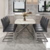 Table and chair set.Modern Luxurious white Marble-Patterned Tempered Glass Dining Table with 8 Chairs.Single fork silver metal table legs.Dark Gray PU dining chairs with silver metal legs.