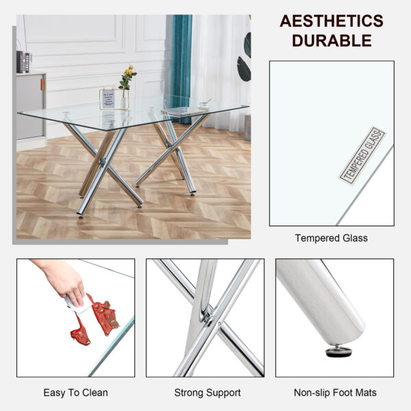 6500b6be268e41afa930a295164396b9_68b9c94f208994bdb659aee39062af09 Large Modern Rectangular Glass Dining Table for 6-8 with 0.39" Tempered Glass Tabletop and Silver Chrome Metal Legs, for Kitchen.Tempered Glass Tabletop,Double Fork Metal Legs.W1151S03321