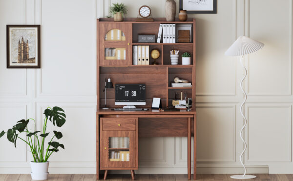 Computer Desk with 90 Degree Rotating Desktop, 43x70 Inch Office Desk with Storage Drawer and Cabinets, Gaming Desk with Shelves, Writing Desk for Study, Work Desk for Home Office Bedroom Living Room