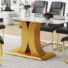 Table and chair set.71"x35.4"x30" Luxurious Pandora Patterned Glass Dining Tabletop with Golden Back To Back C-Shaped MDF Legs.Paried With 6 Black High-quality PU Chairs With Arched Metal Legs.