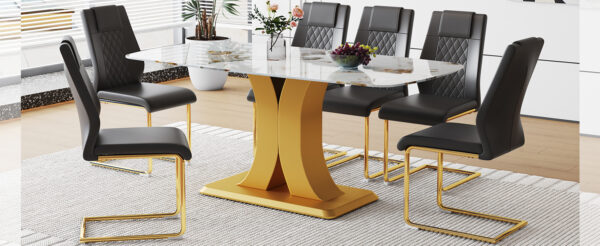 Table and chair set.71"x35.4"x30" Luxurious Pandora Patterned Glass Dining Tabletop with Golden Back To Back C-Shaped MDF Legs.Paried With 6 Black High-quality PU Chairs With Arched Metal Legs.