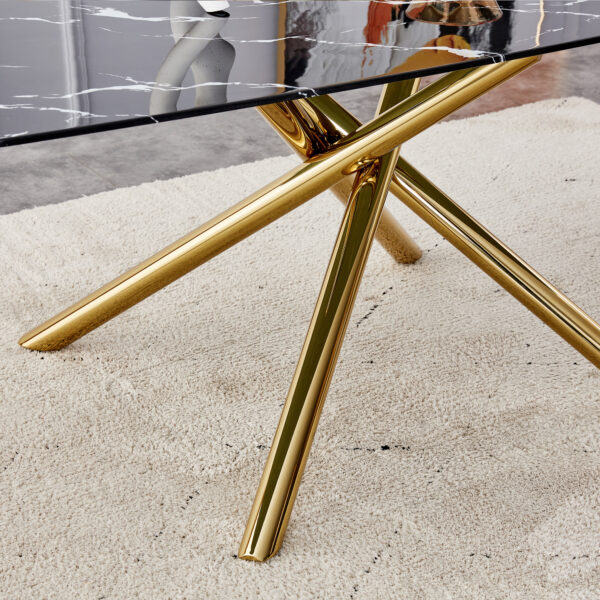 6536cef65f2b489a9420dad78315fa50_50df410238f158a8ad1cfd7dfc876d12 63"x35.4" Luxurious Black Marble-Patterned Tempered Glass Dining Table.Single Fork Golden Metal Table Legs.Tempered Glass Table Top,Golden Metal Leg.Make it Adaptable To Various Decoration Styles.