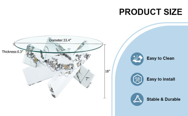6542b9a025574d27ac8e0ff834fce12d_a1e936125709e6eac021c040c40ee189 Round glass coffee table, 33.4 "modern design unique coffee table. Tempered glass countertop with white patterned MDF legs. Suitable for living and dining rooms