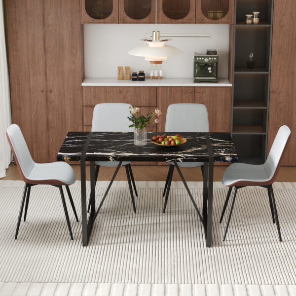 6557335d5f9e4b38a92802c0966450c7_bba5f2150bfd2fb49e5b31689063263a Table and chair set.Modern Black Marble Pattern MDF Dining Table Set-55"x31.4" with 4 Extended Seat Cushion PU Dining Chairs.Brown and Light Gray Splicing Colors Cushion.Iron Pipe Spraying Chair Legs.