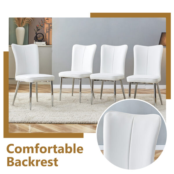 655a82a5e9bc42c6b0cf78bb816298e0_34dd85cab15565988e1e5887262a682a Table and chair set.63"*35.4" White Imitation Marble Pattern MDF Dining Table Set - 4 White PU Chairs with a vertical stripe design on the backrest.Create Your Exclusive Low-Key Luxury Space.