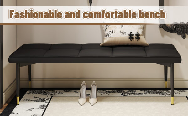 655e028526b24b6f8c918921c6a0c60a_aea46cb0422b6eb4cdd46d131fdb2caa 59*17 Inch Multifunctional Black Shoe Bench - Faux PU Cushion, Sturdy Metal Legs With Gold Accents.Suitable For Bedroom,Fitting room, Storage room, Dining room, and Living room,etc.