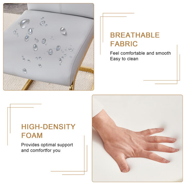 Table and chair set.71"x35.4"x30" Luxurious Pandora Patterned Glass Dining Tabletop with Golden Back To Back C-Shaped MDF Legs.Paried With 8 Light Gray PU Chairs with golden C-tube metal leg.