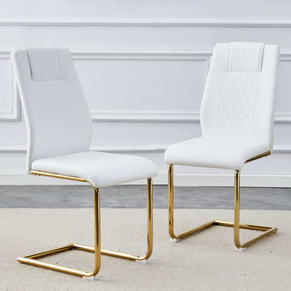 Modern dining chairs, dining room chairs, and golden leg cushioned chairs made of artificial leather, suitable for kitchens, living rooms, bedrooms, and offices. Set of 6 pieces (white+PU )C-001