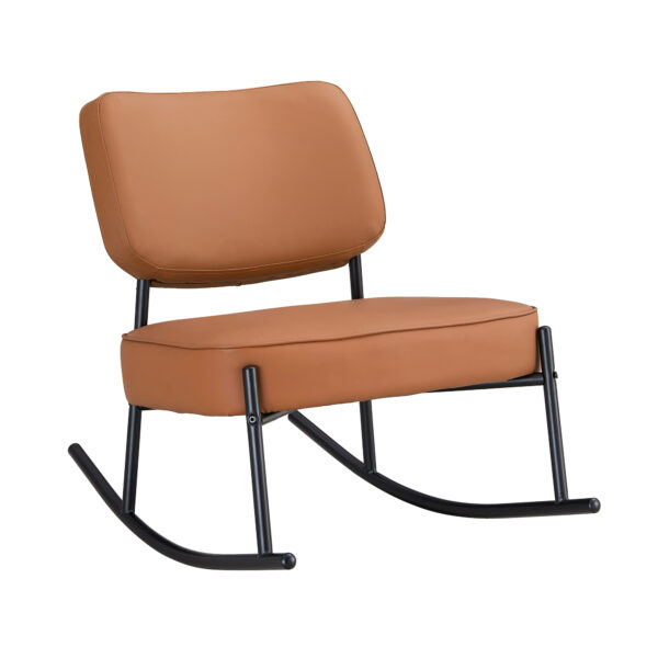 PU material cushioned rocking chair, unique rocking chair, cushioned seat, brown backrest rocking chair, black metal legs. Comfortable side chairs in the living room, bedroom, and office
