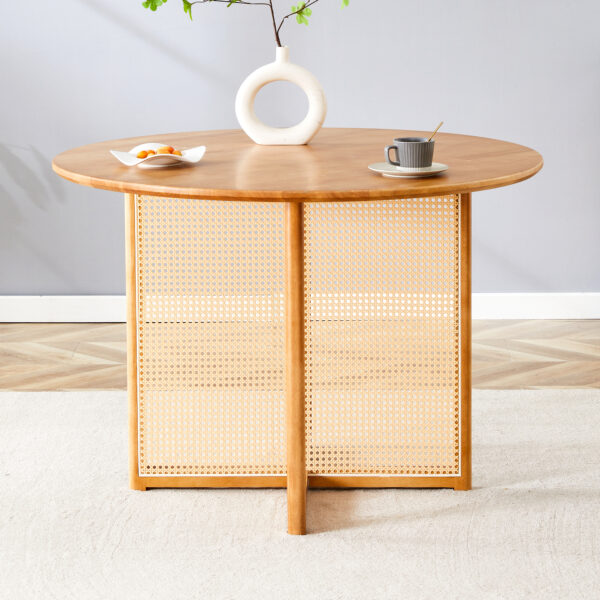 Chinese countryside retro solid wood round table, simple modern imitation rattan table, wooden table, desk. Suitable for dining room, living room, office