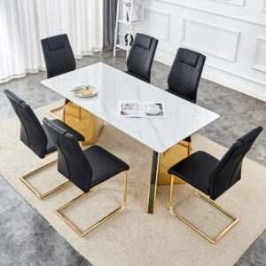 Table and chair set.63"x31.5x30" Luxurious Snow Mountain Patterned Sintered Stone Table with Golden Stainless Steel Butterfly Legs.Paried With 6 Black High-quality PU Chairs With Arched Metal Legs.