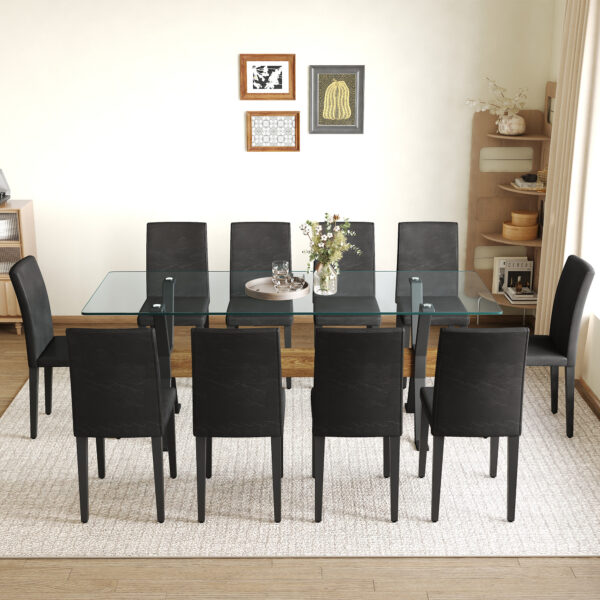 659dc2ea37434cee8fdbc96b78cb1ec4_fe1b470e0c365de1f0c7c94be4cc8e9f Table and chair set.79"x31.5" Inch Tempered Glass Tabletop With X-shaped Black Metal Table Legs,Wood Grain Textured MDF Crossbeam.Paired With 10 Black PU Dining Chairs, Simple And Versatile.