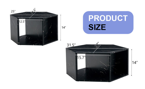 65a5b6c5f34c4470ba418f8631c17011_22d8d69930353fe6fbcc5f1765027c13 Modern Minimalist Black Hexagonal Coffee Table Set.Hexagonal MDF coffee table, characteristic pattern stickers, multi-hole design to give more storage space.Two coffee tables of different sizes.