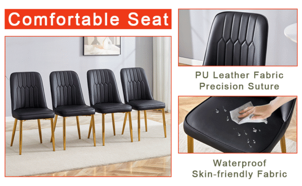 65b7f043c42246ea8622b76a1078966f_bcf50295e2e17d927e37a2dd2fdbf583 Table and chair set.Subtle Luxury Tempered Glass Dining Set - 63"x35.4" with 4 Black PU Chairs.Metal Gold Chair Leg.White imitation marble texture sticker Tabletop. OC-Shaped MDF Table Leg.