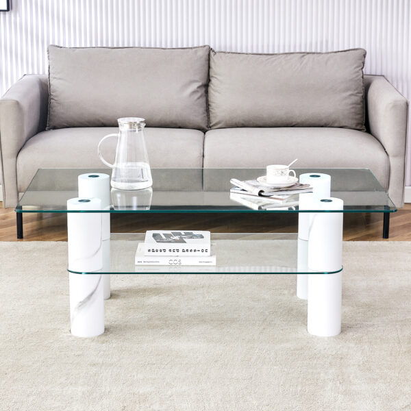 65bf894faa724c32b4f5a951c3fa296a_20240311_5c1729b1131945c9adf4c0f2177f42a4 Modern minimalist double layered transparent tempered glass coffee table and coffee table, paired with white MDF decorative columns. Computer desk. Game table. CT-X02
