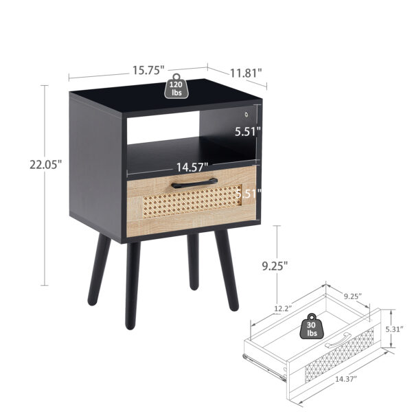 65ef5a25e00e46af92e4cfcdd8f79abb_20230328_496ab5ab2b19ce4d1c994f06a009164f 15.75" Rattan End table with drawer and solid wood legs, Modern nightstand, side table for living room, bedroom, black