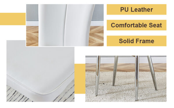 65f789d02f694d74883c4263fbb4a515_eaf580f047a8561b7a47bc977f97dda6 Table and chair set.63"x31.5x30" Luxurious Pandora patterned Sintered Stone Tabletop with Silver Stainless Steel Legs.Paried With 4 White PU Chairs with a vertical stripe design on the backrest.