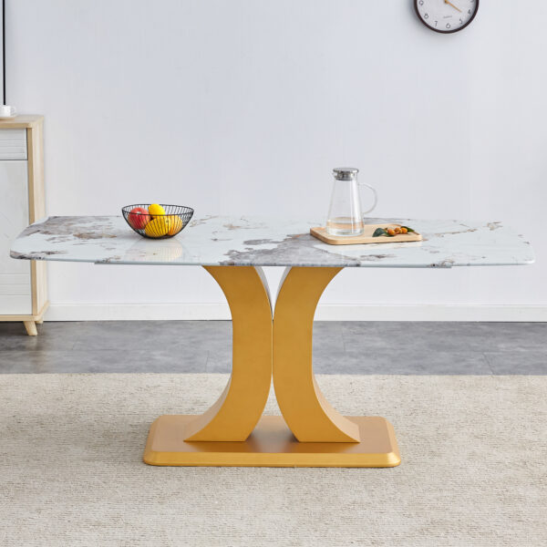 65fc4a3b651b40f1828cd19856a2a318_159ac0d51341d79be8cbbb200e505e39 A modern minimalist dining table. Imitation marbled glass tabletop. Gold MDF table legs for kitchen and living room