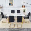 Table and chair set.63"x31.5x30" Luxurious Snow Mountain Patterned Sintered Stone Table with Golden Stainless Steel Butterfly Legs.Paried With 6 Black High-quality PU Chairs With Arched Metal Legs.