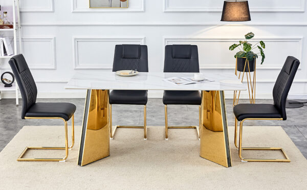 661f0562bc01447e8e2b1f7beff6aebd_cb2c13c8efd5823b0458d2a4cecddee0 Table and chair set.63"x31.5x30" Luxurious Snow Mountain Patterned Sintered Stone Table with Golden Stainless Steel Butterfly Legs.Paried With 4 Black High-quality PU Chairs With Arched Metal Legs.