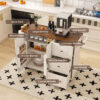 White Kitchen Island Cart with Foldable Tabletop & Drop Leaf - Mobile Breakfast Bar on Wheels with Wood Top and Storage