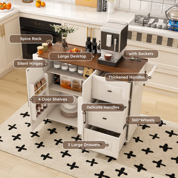 6634adb8bc3c409b907b747dfa3f8f08_2b023a379d34b96aa5c5613b5e9ff490 White Kitchen Island Cart with Foldable Tabletop & Drop Leaf - Mobile Breakfast Bar on Wheels with Wood Top and Storage
