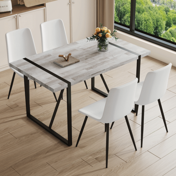 663b7d9936ef4ba8a6089e78e3147014_21a775dd1f20905bd7395b51cccd5dc4 Table and chair set.A minimalist retro rectangular dining table with a specially textured top and black metal legs.Paired With 4 White Artificial PU Chairs With Curved Widened Cushion Design.