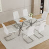 Table and chair set.71''*35.4'' Inch Modern Luxurious Transparent Tempered Glass Dining Table Set with 6 Chairs.Double Fork Silver Metal Table Legs.White High-quality PU Dining Chairs.