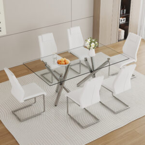 Table and chair set.71''*35.4'' Inch Modern Luxurious Transparent Tempered Glass Dining Table Set with 6 Chairs.Double Fork Silver Metal Table Legs.White High-quality PU Dining Chairs.