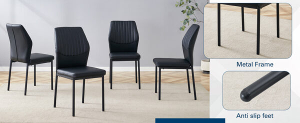 6669754212724e2e9041f48adc3409c2_6b439fb8dbdd07ebde0fe65fdd9d3b01 Luxury Simple Chair - Set of 6 BLACK PU Material High Resilience Dining Chair with Metal Black Leg.The Chair Back Has a Vertical Stripe Design With Smooth And Uniform Lines.