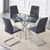 Table and chair set.36.6"Round clear glass dining table with a unique shape with ring-shaped gathered silver metal legs.Paired with 4 Dark gray high-quality PU dining chairs with silver metal legs.