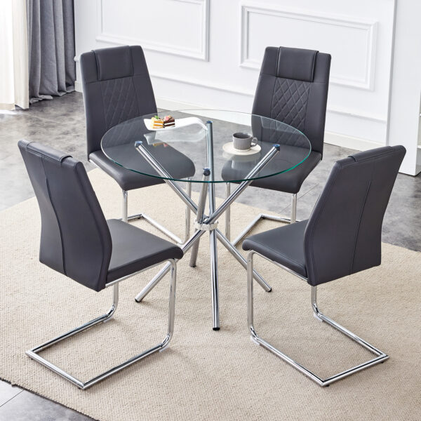 666af4eb1aa14dbabfaa532200494768_41facb022738d3d35955b097adc6ad42 Table and chair set.36.6"Round clear glass dining table with a unique shape with ring-shaped gathered silver metal legs.Paired with 4 Dark gray high-quality PU dining chairs with silver metal legs.
