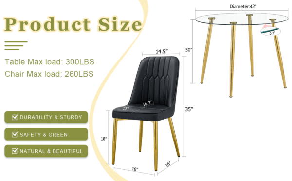 Table and chair set.A 42 Inch Diameter Modern Minimalist Round Dining Table With Transparent Tempered Glass top And Golden Metal Legs,4 Black Chairs With PU Backrest And Seat Cushion.