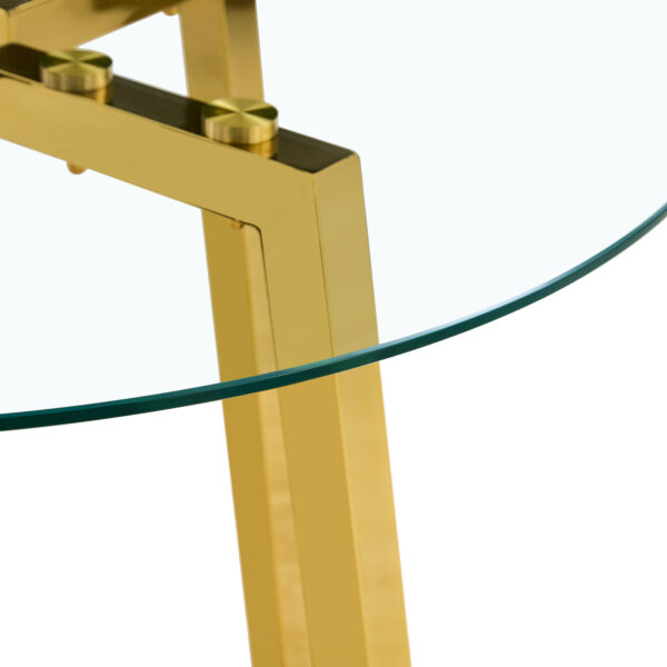 66acee9e1da849d491f34844a5367078_53ef30ef0b09158a212b5189ff6e299a Modern Luxurious Round Tempered Glass Dining Table with Gold 7-Shaped Metal Legs,suitable for family meals, office conferences, or as a casual coffee table for various occasions.36*36*29.5