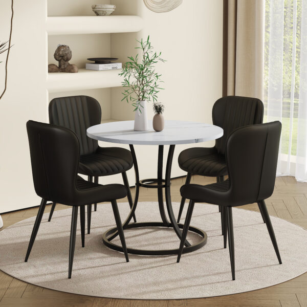 66c28f65fb5444daaca31cec7b28204e_13e6e577e5e35953c06ab14600d1c9b7 Table and chair set.A Modern Minimalist Circular Dining Table With A Diameter Of 33.3 Inches.Paired With 4 Black Minimalist Ergonomic PU Dining Chairs With Extended And Curved Seat Cushions.