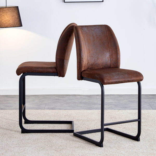 A set of two brown chairs, including suede cushions and black metal legs. Small size, suitable for select groups, suitable for dining room, kitchen, terrace and guest office chairs (set of 2)