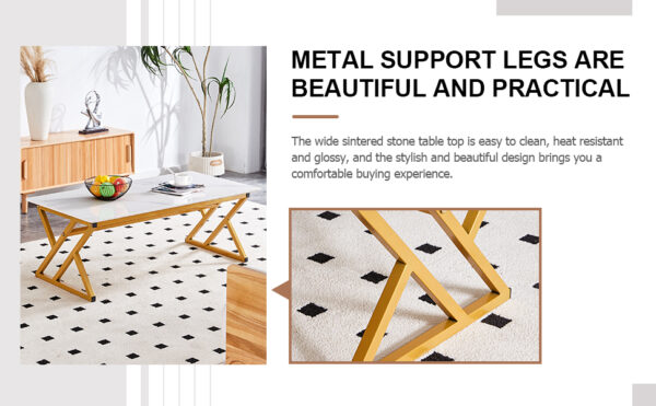66cd290f623647539cb7bb0de956dc1e_52a3f21c0a72d39958a79d020a2a2433 A coffee table made of rock slab material, with a smooth and natural surface that complements the modern design of the golden metal legs, making it suitable for living rooms of all sizes.47*23.6