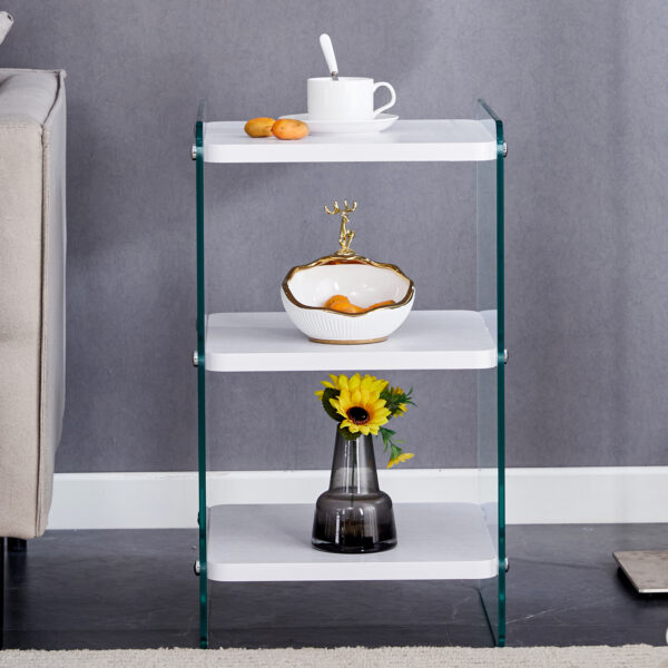 66d24129d4514a23a5a1cfb5c2439c6e_7a7d662629d47c1134264760e5192eec Three levels of bedside tables. The board surface is MDF, with white stickers, and both sides are transparent tempered glass. The design is simple and generous, with storage function.