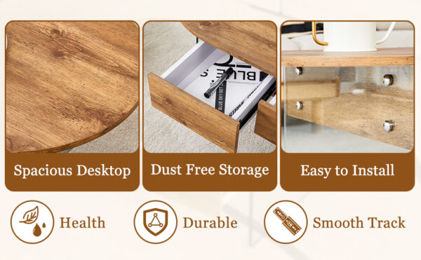 66d904c35f6d4556bcf3200e90a9ca32_d65bd8e4e1548772d652aa2d0acd879e Coffee table with double drawers. The board surface is MDF sticker, and both sides are transparent tempered glass. The design is simple and elegant, with excellent storage functions.