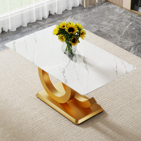 A large modern minimalist rectangular dining table suitable for 6-8 people, equipped with gold MDF OC shaped brackets and aureate base, suitable for kitchen, living room, dining room F-OC
