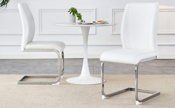66dcfe21cc05451fad128942b8ed60a9_37552721d9f037aeef3e1f18572d8634 Luxury Simple Arch Chair - Set of 2 White PU Material High Resilience Dining Chair with Arched Metal Silver Leg.