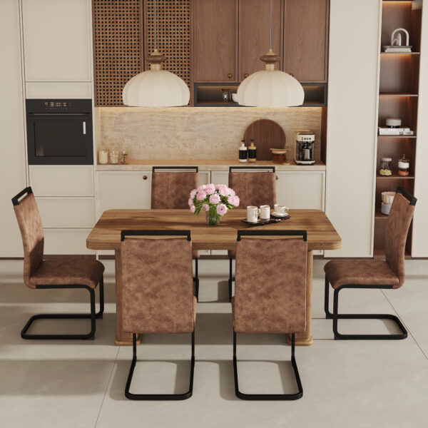 66e580abb03647f58d1f98e0b6b84472_4a66d73adfc18001ef3ca9c0c2bc6f6c Table and chair set.64.5 x 35.4 Inch Stylish Wood Color Textured Dining Table.Perfectly Blending Simplicity And Transparency.Paried With 6 Brown technology fabric chairs with arched black legs.