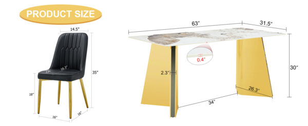 66ec0998e5dc4f50b3416f367a35d61b_a1a62718a2ad15ac7aed97ebd749c3d3 Table and chair set.63"x31.5x30" Luxurious Pandora patterned Sintered Stone Tabletop with Golden Stainless Steel Butterfly Legs.Paried With 4 Black PU Chairs with Simple Line Designs On The Backrest.