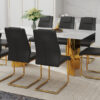 Table and chair set.The table has a glass tabletop with imitation marble pattern stickers and stainless steel golden table legs. Paried with comfortable chairs with PU seats and metal legs.
