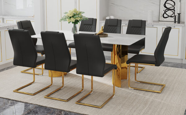 66ef195ef62b468a935e1f5dd00821fa_63199cdc87ff8d6f5e264950b2ae21cd Table and chair set.The table has a glass tabletop with imitation marble pattern stickers and stainless steel golden table legs. Paried with comfortable chairs with PU seats and metal legs.