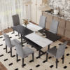 Table and chair set.71*35.4 inch White And Black Spliced Dining Table With Storage Function In The Middle Of The Table Legs.Paired With 6 Light Gray Linen-Cotton Dining Chairs, Simple And Versatile.